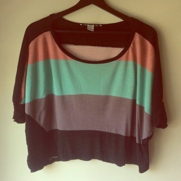 American Rag Tops - Black Sleeve Rainbow Crop Top
